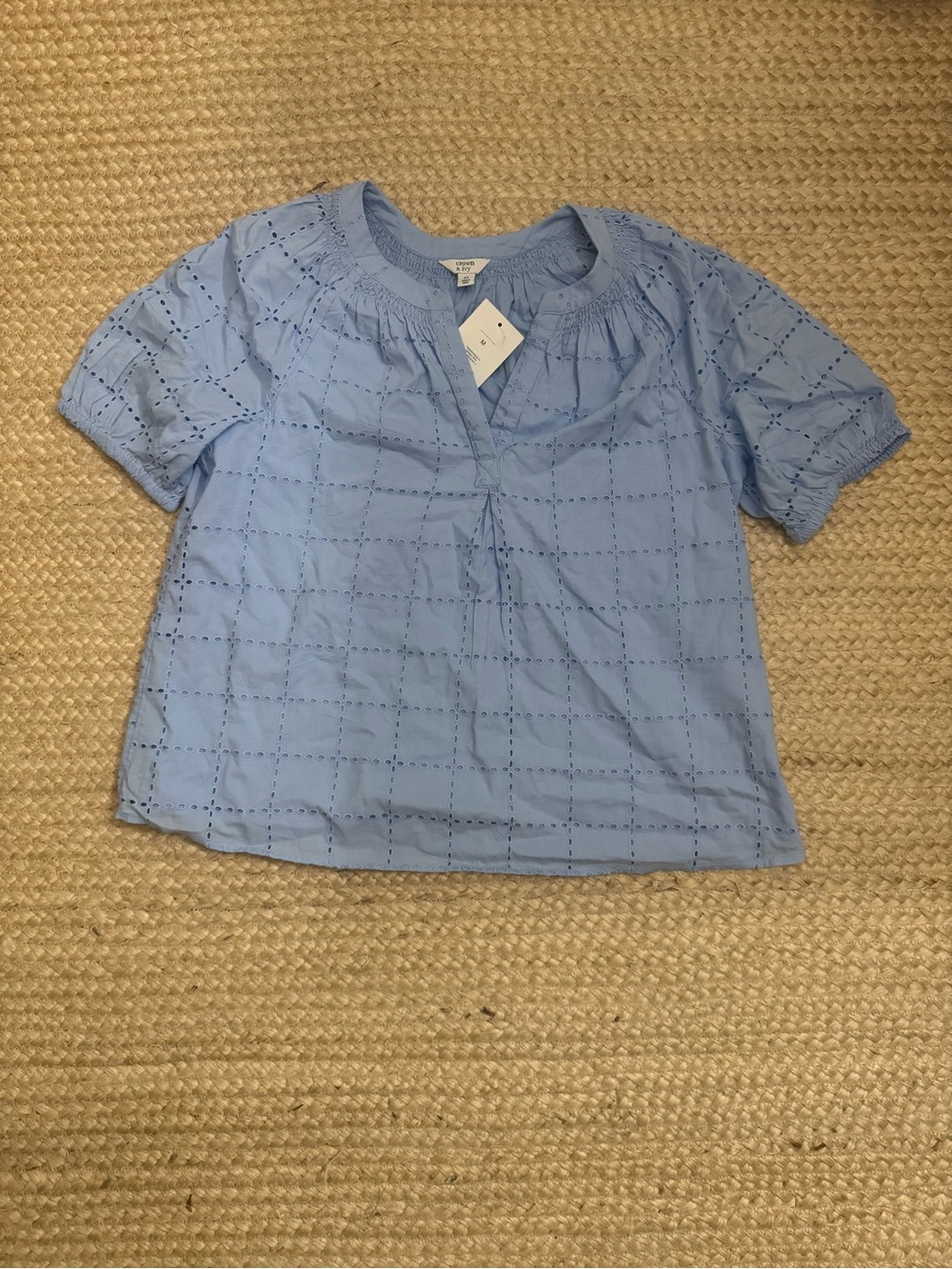 crown & ivy Light Blue Eyelet Split-Neck Short Sleeve Top